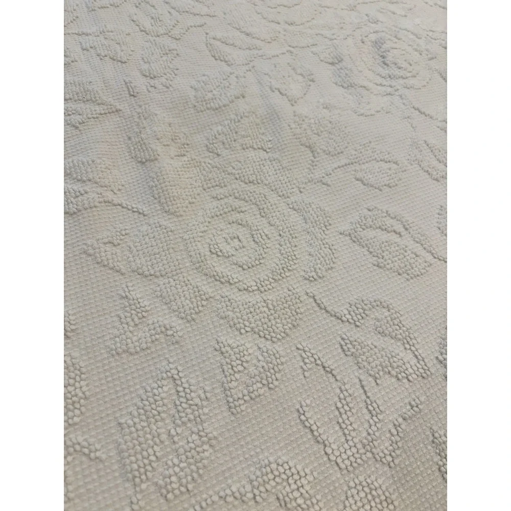 Vintage White Ivory Chenille Bedspread Queen S Raised Rose Floral Pom Pom Fringe